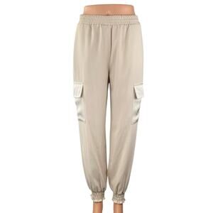 Pois Women Beige High Waisted Pull On Tapered Leg Cargo Jogger Sweat Pants Sz S